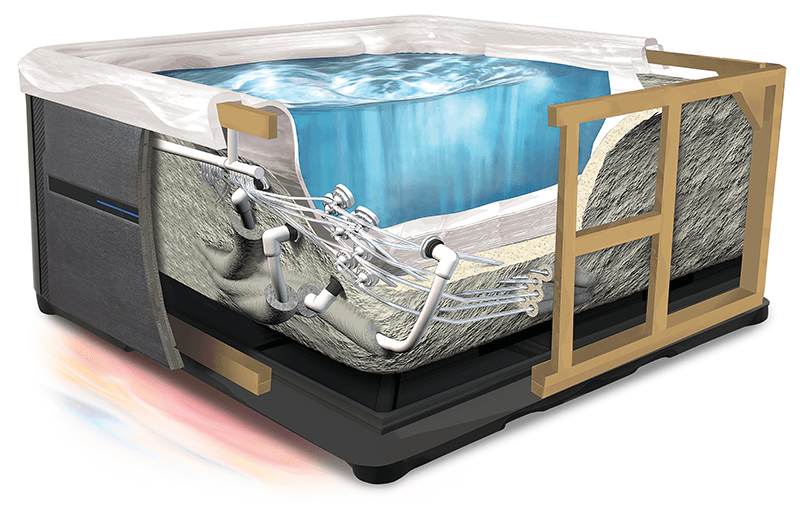 illustration of a MasterSpas hot tub that shows the inner plumbing and insulation